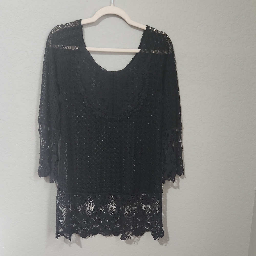 Umgee Dress Lace Tunic Black Crochet Size M Crochet Romantic Dark Party